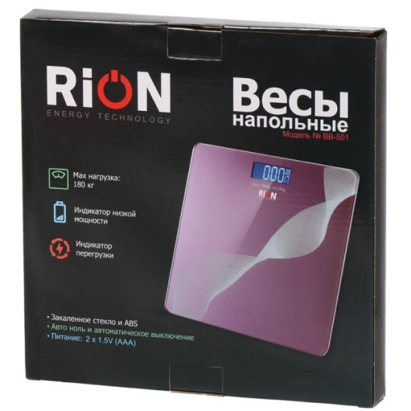 3. Весы напольные электронные, Rion, Спорт BB-501, стекло, до 180 кг, LCD-дисплей